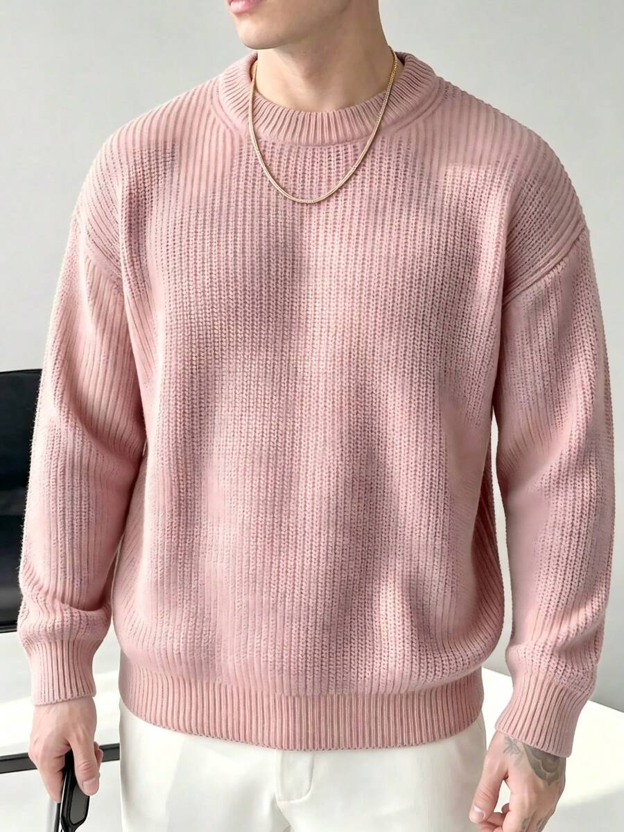 Lightweight Casual Textured Knit Oversized Unisex Sweater, Minimalist Design, Loose Fit Crew Neck Pullover, Suitable For Autumn/Winter - Pink - View 1