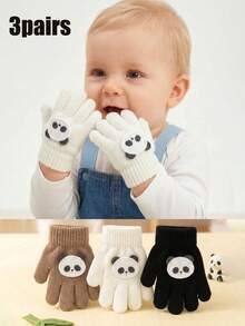 3 Pairs Set Bear Cartoon Fingerless Gloves For Boys, Knitted Candy Color Thickened Gloves For Autumn/Winter - 3 Pairs - View 1