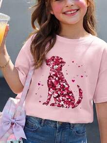 Camiseta Infantil Manga Curto Menino Menina Estampada Cachorro Florido Confortável 100% Algodão Leve Gola Redonda Estilosa - Rosa Bebê - Visão 2