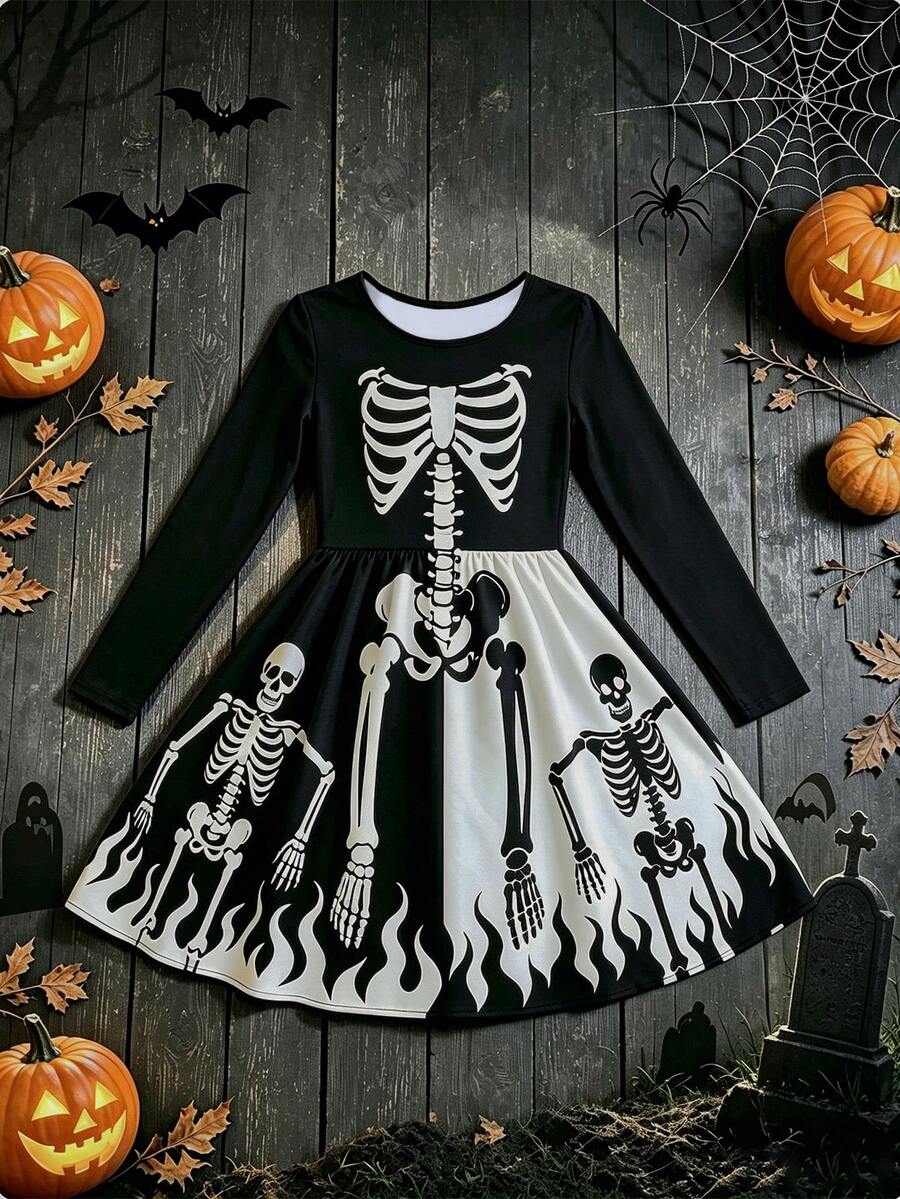 Halloween Mädchen lustiges Totenkopf Langarmkleid - Schwarz und Weiss - Übersicht 1