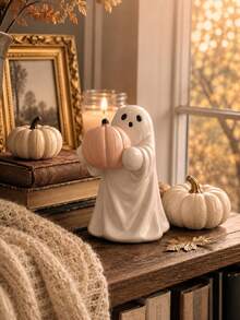 1Pc Cute Pumpkin Ghost Figurine, Autumn Bookshelf Ornament, Soft Spooky Home Decor For Coffee Bar, Tiered Tray & Fireplace Display - Multicolor - View 8
