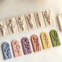 7件組春季系列葉子與花朵造型黏土印章套組，聚合物黏土壓印工具組，DIY手工珠寶吊墜黏土藝術工具 - 杏色 - 查看 4