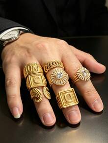 18K Gold Plated Rising Sun Pattern Cubic Zirconia Thick Ring, Vintage Luxury Personalized Finger Jewelry, Men Women Couple Wedding Ring - Golden - View 1