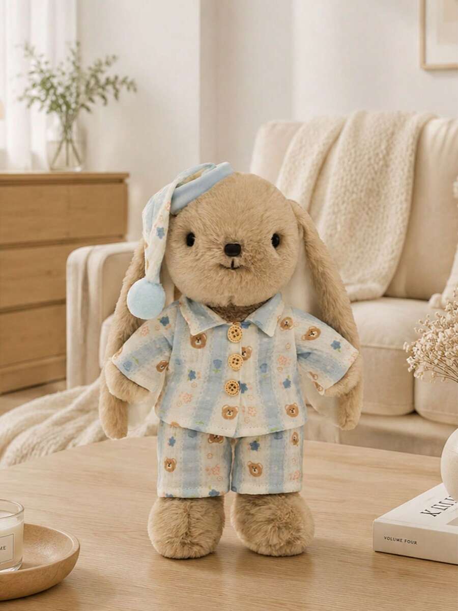 1pc 25cm/9.84in Cute Long-Eared Rabbit Plush Doll, Multi-Outfit Series - Pajama Style And Plaid Skirt Style, Fluffy Gift For Girls