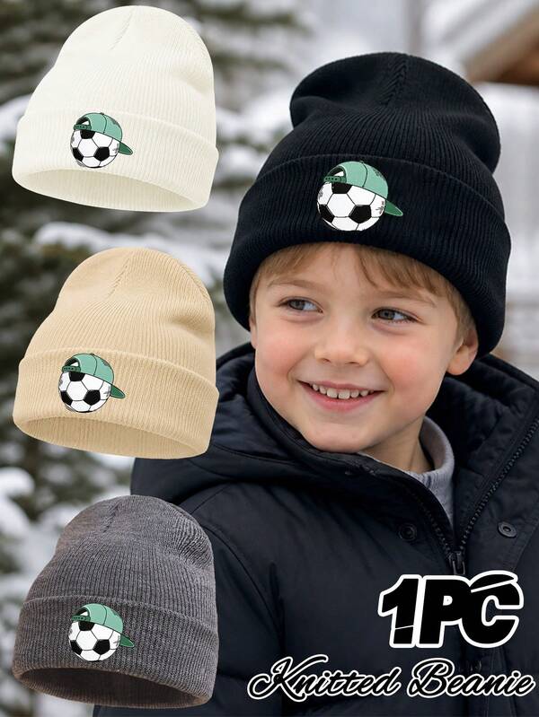 1PC Kids Cartoon Sports Soccer Print Knit Hat, Autumn/Winter Versatile Multi-Color Options, Acrylic Skin-Friendly Solid Color Winter Hat, Suitable For Boys Outdoor Sports And Cycling