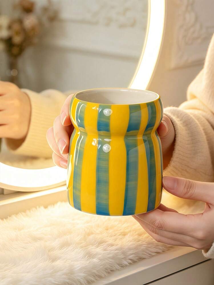 Cute Ceramic Makeup Brush Holder, Colorful Striped Cosmetic Brush Organizer For Vanity Desk, Aesthetic Beauty Storage Cup, Korean Style Makeup Tool Container, Modern Home Decor For Bedroom Bathroom Dressing Table - Multicolor - View 14