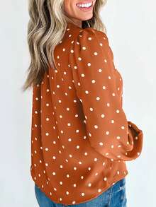 Acelitt Women's Casual Polka Dot Half-Button Puff Sleeve Long Sleeve Top, Suitable For Spring/Autumn Vacation - Brown - View 2