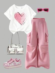 Girls' Casual Set - Heart Print Round Neck Short Sleeve T-Shirt And Cargo Pants - Pink - View 1