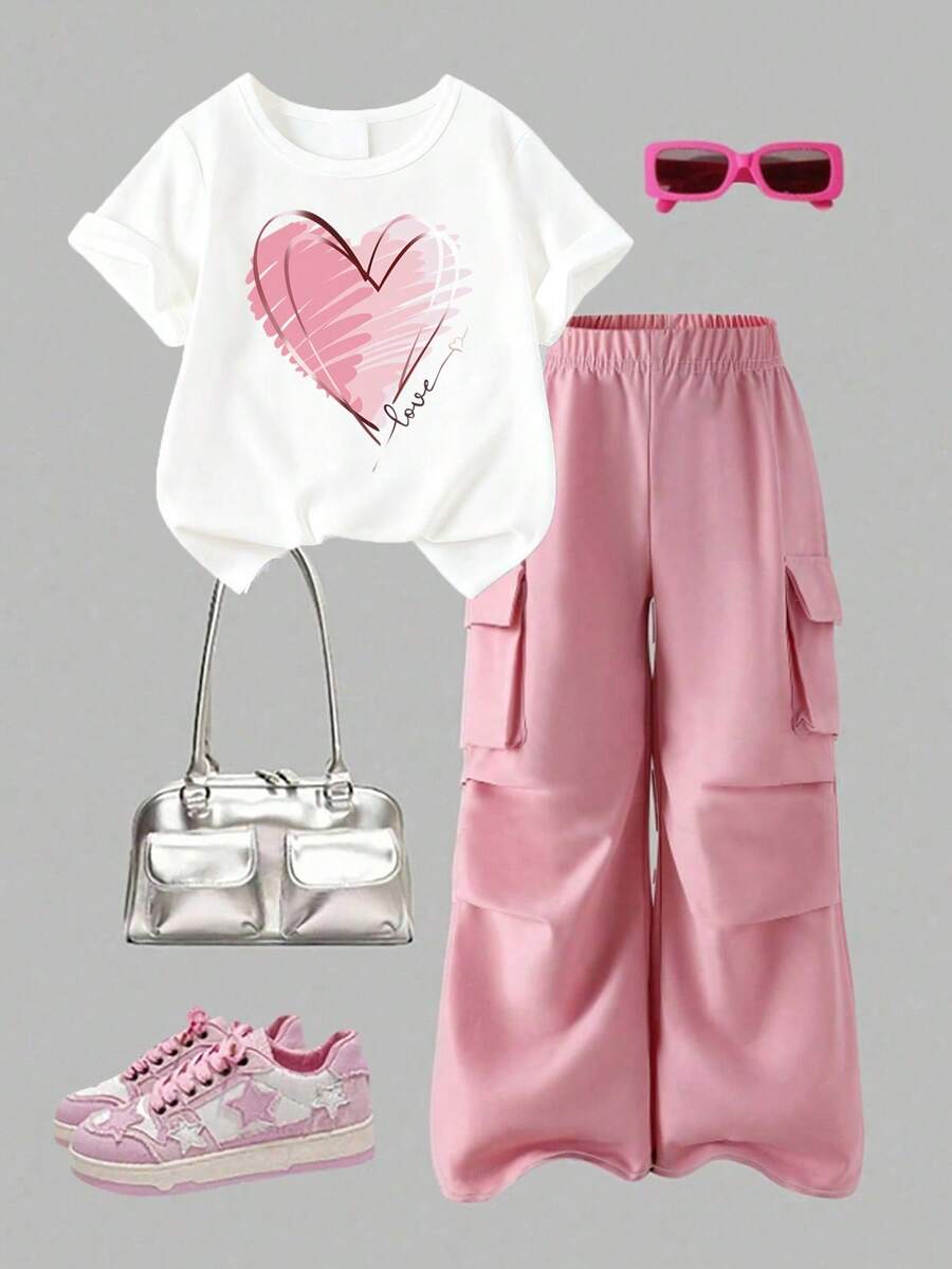 Girls' Casual Set - Heart Print Round Neck Short Sleeve T-Shirt And Cargo Pants - Pink - View 1