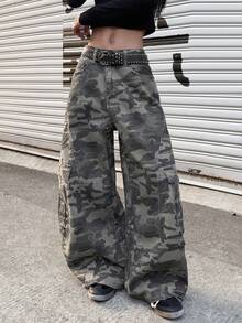 1pc Japanese Street Style Women's Multi-Pocket Curved Leg Loose Comfortable Wide Leg Jeans Long Pants (This Product Does Not Include Belt/Accessories) - Grey - View 8