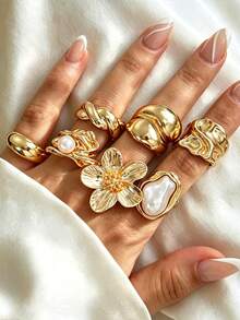 15/7pcs Bohemian Style Faux Pearl Flower Women's Sun Rings Suitable For Daily Wear - Yellow Gold - View 6