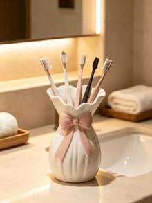 1pc Cute Bow Toothbrush Holder, Elegant Petal Design With Red Ribbon Decoration, Suitable For Bathroom Countertop, Decorative Toothbrush Holder, Suitable For Home, Hotel Or Guest Bathroom, Fashionable Oral Care Storage Rack - Multicolor 1 - View 6