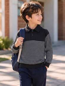 Boys' Colorblock Striped Polo Shirt With Collar, Long Sleeve, Autumn/Winter Style, New Casual Fashion Street Retro Preppy Look, Suitable For Back To School & Graduation, Commuting, Social Gatherings, Daily Wear - Black - View 1