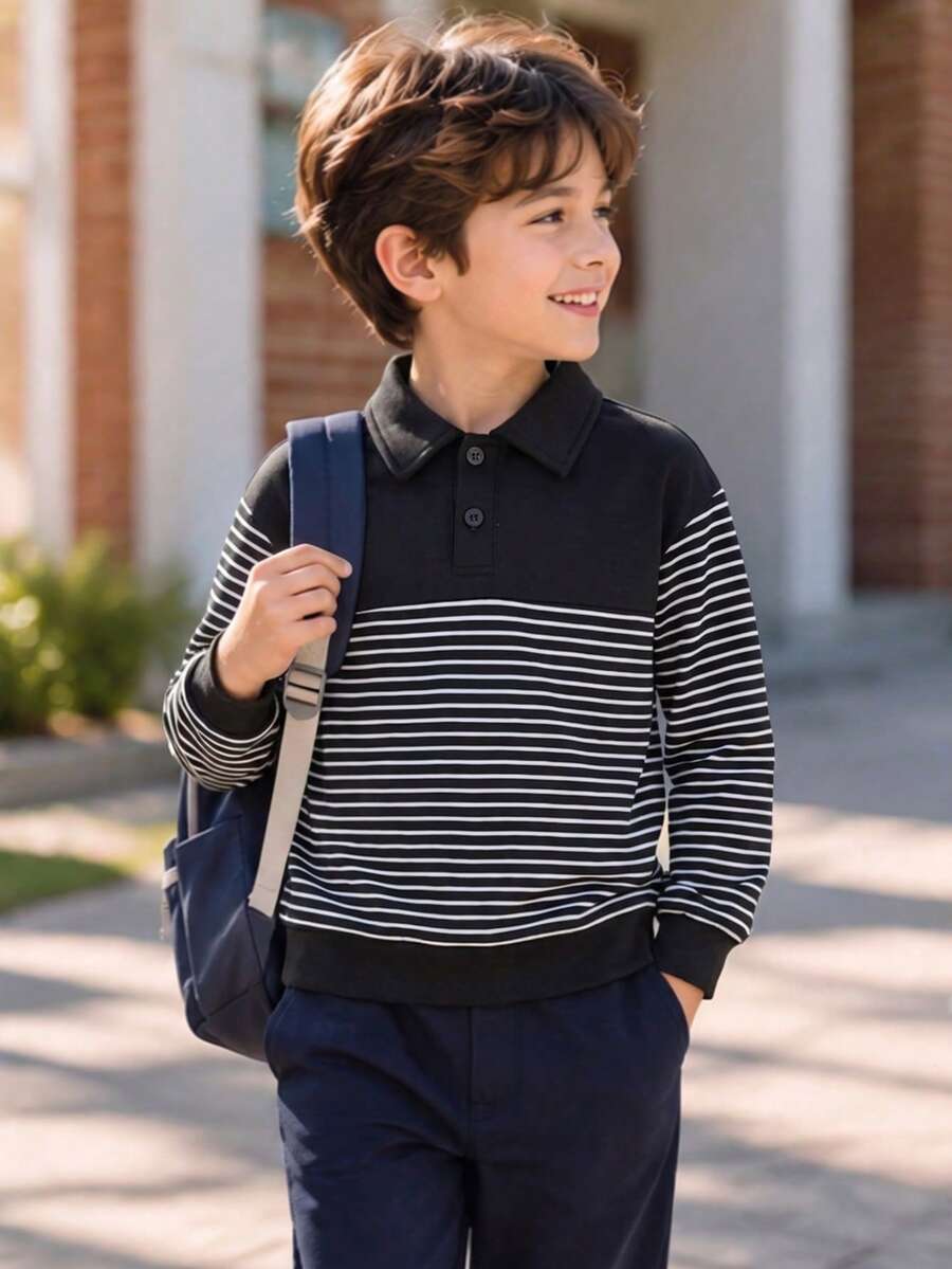 Boys' Colorblock Striped Polo Shirt With Collar, Long Sleeve, Autumn/Winter Style, New Casual Fashion Street Retro Preppy Look, Suitable For Back To School & Graduation, Commuting, Social Gatherings, Daily Wear - Black - View 1