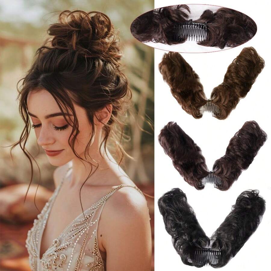 Women's Synthetic Wavy Bun Hair Extensions, Messy Curly Bun Hair Piece, Clip-In Hair Accessory, Donut Bun Hair Extension - Multicolor - View 1