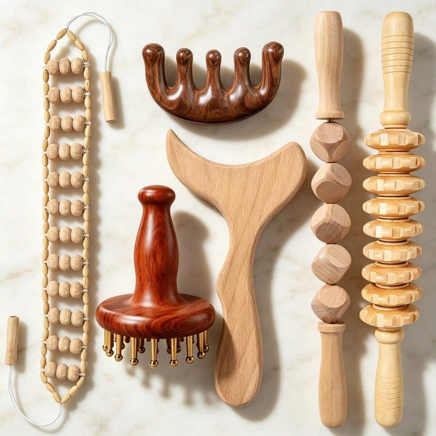 6PCS Wood Massage Tool Kit - Manual Massager Roller, Gua Sha Board & ScalpComb, Natural Wooden Tools For Back, Leg, Neck & Full Body Muscle Relief - Apricot - View 1