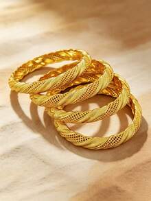 Gelang Motif Daun Berongga untuk Wanita, Gelang Manset Mewah Dubai Arab yang Dapat Ditumpuk, Perhiasan Retro Terbuka untuk Pesta Pernikahan, Set Gelang Tumpuk untuk Penggunaan Sehari-hari - Yellow Gold - View 4