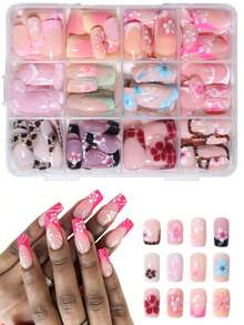 120pcs Short Rectangular 3D Gel Nail Art, Can Create Lotus Flower Nail Art, French Acrylic Press-On Nails, Short Nail Art, Pink French, Yellow French, White French Design, Perfect Fit Short Fake Nail Set - Multicolor - View 1