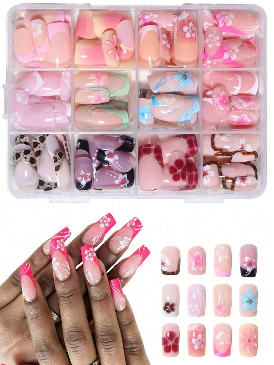 120pcs Short Rectangular 3D Gel Nail Art, Can Create Lotus Flower Nail Art, French Acrylic Press-On Nails, Short Nail Art, Pink French, Yellow French, White French Design, Perfect Fit Short Fake Nail Set - Multicolor - View 1