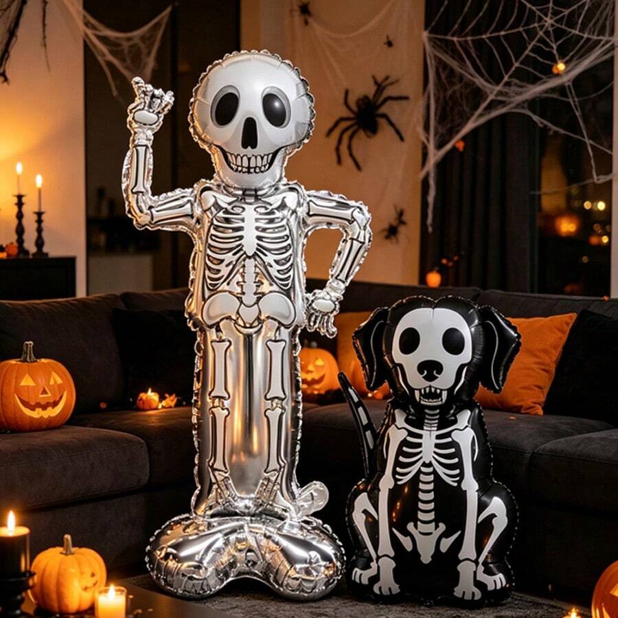 Juego de 2 globos de lámina de esqueleto de Halloween, globos de película de poliéster de esqueleto de pie y perro esqueleto, accesorios fotográficos espeluznantes para decoración de fiesta de Halloween, decoración de patio interior y exterior de Halloween, suministros de cumpleaños y Trick or Treat - Esqueleto plateado de pie + perro esqueleto - Ver 1