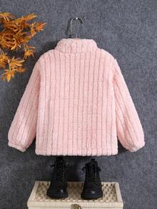 Girls' Casual Fashion Solid Color Vertical Stripe Stand Collar Single-Breasted Design Fleece Lined Thickened Jacket, Versatile For Autumn/Winter - Pink - View 3