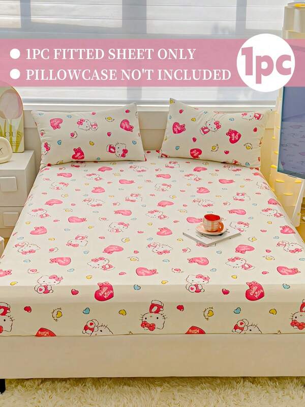 SANRIO 1 pièce Drap-housse imprimé de dessin animé mignon, Cinnamoroll/Hello chat, linge de lit, protège-matelas, couvre-lit, drap-housse, textile de maison confortable, protège-matelas respirant anti-boulochage, décoration de maison, convient à toutes les tailles de lit - double, complet, queen, king, toutes saisons, couvre-lit anti-poussière, lavable en machine