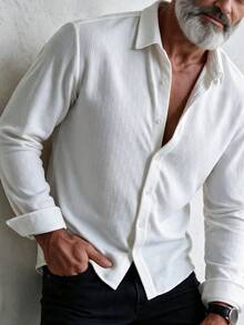 GOLDREDY Men's Jacquard Textured Shirt, Solid Color Loose Long Sleeve Blouse, White Plaid 3D Texture, Casual Commuter Versatile Top For Spring And Autumn - White - View 3