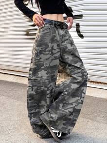 1pc Japanese Street Style Women's Multi-Pocket Curved Leg Loose Comfortable Wide Leg Jeans Long Pants (This Product Does Not Include Belt/Accessories) - Grey - View 2