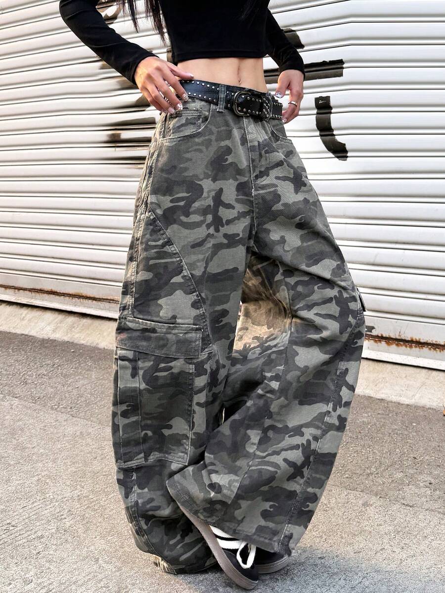 1pc Japanese Street Style Women's Multi-Pocket Curved Leg Loose Comfortable Wide Leg Jeans Long Pants (This Product Does Not Include Belt/Accessories)