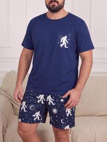 Men's Short Sleeve & Shorts Pajama Set, Cartoon Big Foot & Starry Sky Print Pocket Loose Fit Loungewear 2 Pieces Set - Royal Blue - View 3