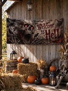 1件裝黑紅配色「Welcome To Hell」歡迎來到地獄橫幅，哥德恐怖風聚酯纖維長方形掛旗，附巨型骷髏、發光眼睛、烏鴉、蝙蝠與骷髏手，適用萬聖節門廊、鬼屋、派對、酒吧、牆面及戶外居家裝飾 - 多色 - 查看 2