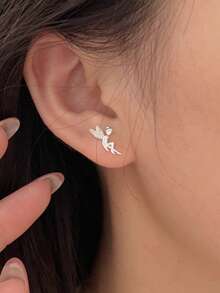 1pc Exquisite Women's Jewelry Little Angel Fairy Stud Earrings S925 Sterling Silver Minimalist Fashion Versatile Luxury Style Niche High-End Earrings Suitable For Daily Wear - #1 - View 3