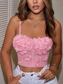 Yuwenier Solid Color Mesh 3D Floral Faux Pearl Camisole Backless Camisole For Women, Music Festival & Wedding Season Pink Casual Summer - 粉色 - 查看 1