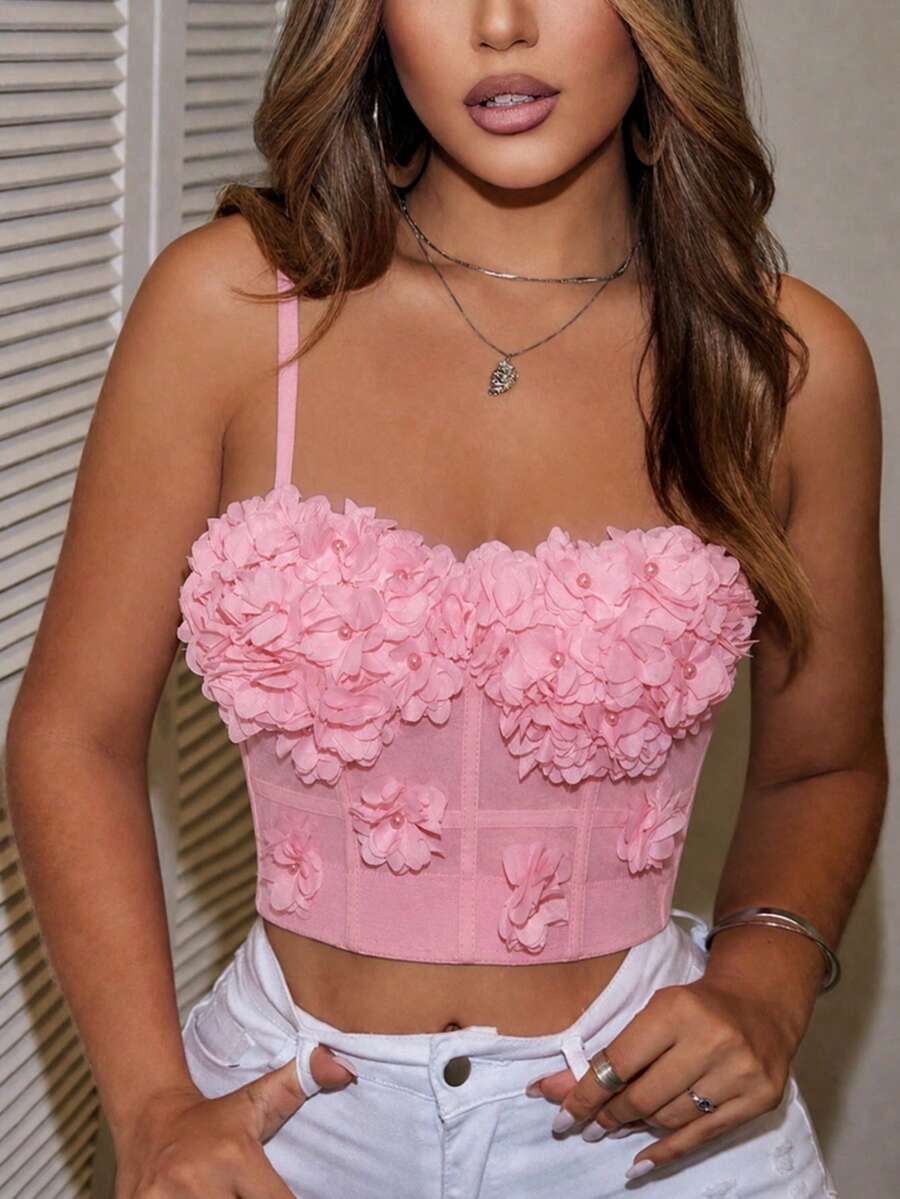 Yuwenier Solid Color Mesh 3D Floral Faux Pearl Camisole Backless Camisole For Women, Music Festival & Wedding Season Pink Casual Summer - 粉色 - 查看 1