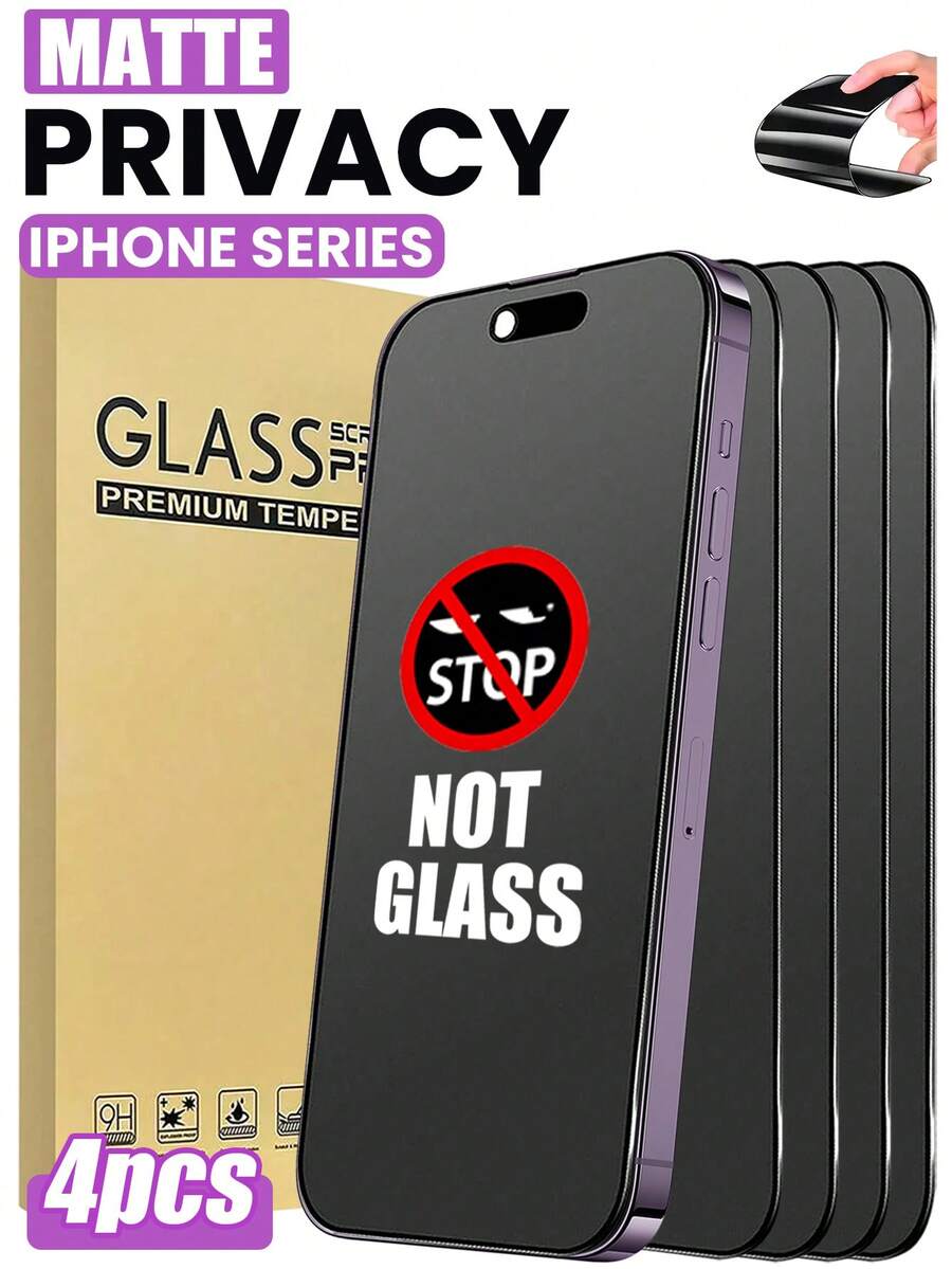 4pcs Matte Privacy Anti-Peep Screen Protector, Soft Material, Full Coverage, Anti-Glare, Ceramic Film, Anti-Fingerprint, Compatible With Phone Case, Suitable For 17 Pro Max 6.9 Inch, 18Promax/18Pro/17 Pro Max/17 Air/16 Pro Max/16 Pro/16 Plus/16/15 Pro Max/14 Pro Max/13 Mini/12/11/XS Max/XR/8 Plus/7 Plus, Essential - Black - View 1