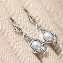 Faux Pearl Earrings, Bohemian Style Jewelry, Art Nouveau Dangle Earrings - Silver - View 4