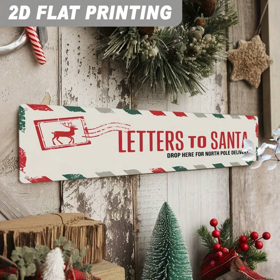 2D Flat - Vintage Metal Christmas Sign, Featuring 2D Flat Design, Content: "Letters To Santa, Please Deposit Here, North Pole Express". Perfect For Home Or Entrance Decor, Size: 3.94X15.75 Inches. - A - View 1