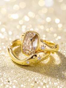 Juego de 2 anillos estilo europeo y americano Starlight Gold Star, anillos vintage con línea retorcida y diamante de corte rectangular, anillos apilables de atmósfera para mujer - Dorado - Ver 2
