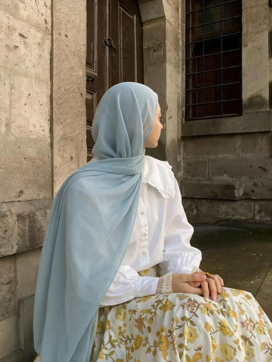 1pc Solid Color Women's Scarf, Casual Daily Headscarf, Chiffon Hijab Suitable For Everyday Wear - Mist Blue - View 1