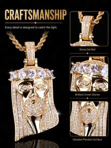 歐美嘻哈重水鑽皇冠耶穌肖像吊墜扭繩項鍊 中性款 5A 鋯石鑲嵌粗繩鏈 美式饒舌復古信仰金銀雙色個性街頭風鎖骨飾品 - 耶穌 - 查看 5