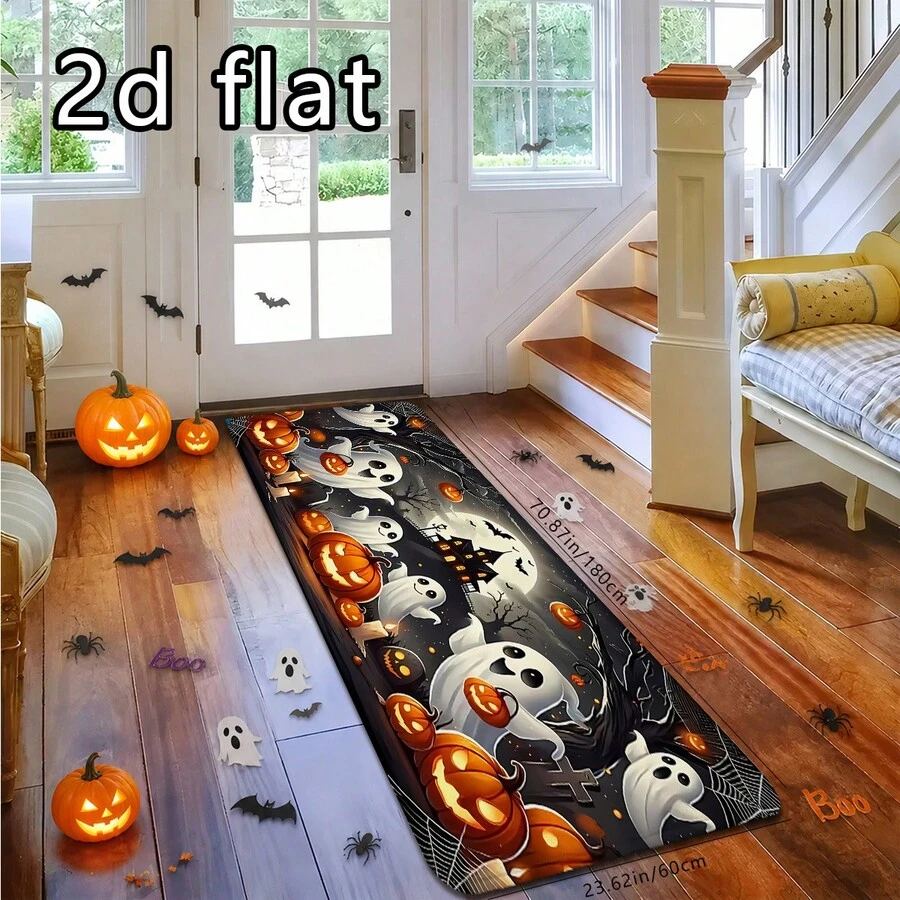 1 buah Keset Dapur Anti Selip Motif Hantu, , Kastil Lucu dengan Latar Belakang Gelap Halloween, Keset Kaki Kartun Tahan Air dan Minyak untuk Liburan, Batu Nisan, Jaring Laba-laba, Lilin, Bulan Purnama, Kelelawar, Pemandangan Atmosfer, Dapat Dicuci dengan Mesin, Cocok untuk Dapur, Lorong Masuk, Kamar Mandi, Semua Musim