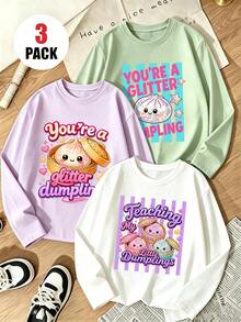 3 Buah Kaos Lengan Panjang Kasual untuk Anak Perempuan Remaja, Motif Kartun "You're A Glitter Dumpling" (Kamu Adalah Pangsit Berkilau) Atasan Dasar Sehari-hari - MultiWarna - View 2