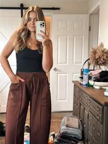 Women's Barrel Leg Sweatpants High Waisted Wide Leg Athletic Pants With Drawstring, Casual Loose Fit Lounge Sweatpants For Women, Yoga Baggy Joggers - 咖啡棕 - 查看 2