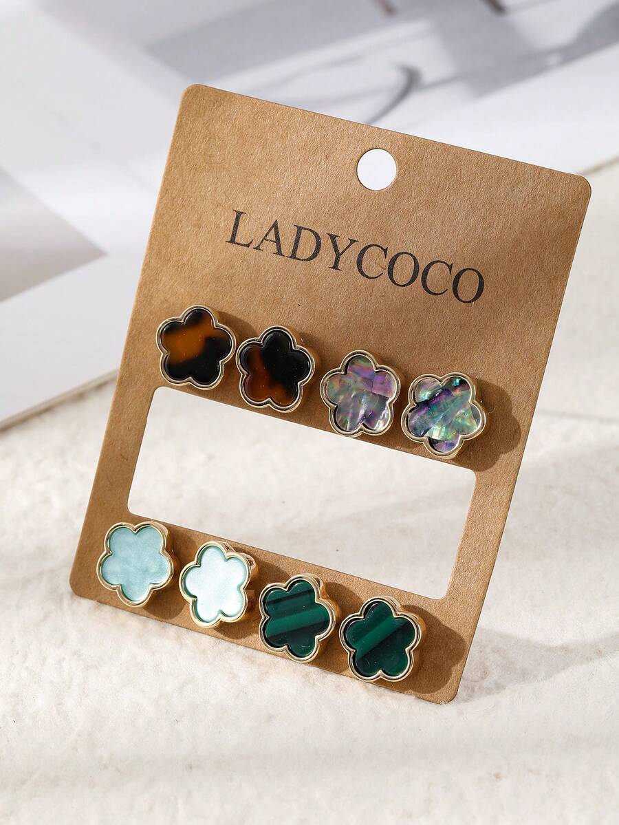 LADYCOCO 4對時尚奢華幸運草女款耳環套組，適合日常百搭耳釘