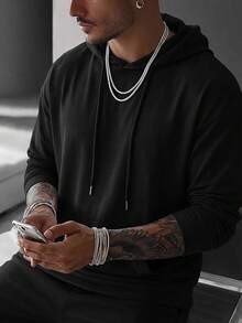 Men's Spring/Autumn Fashion Versatile Hooded Slim Fit Regular Shoulder Long Sleeve T-Shirt - Black - View 2