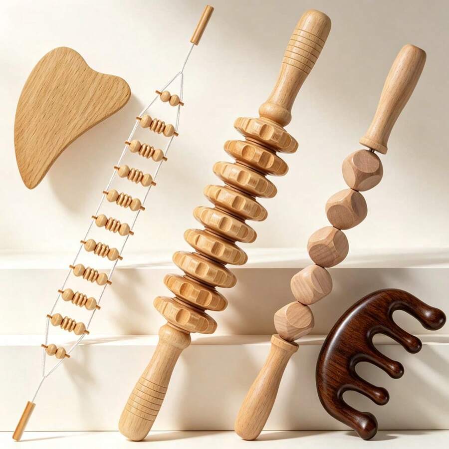 5件組木製淋巴排毒按摩工具套組 專業身體按摩器 適用於身體塑形、輪廓雕塑、緩解肌肉緊張、抗橘皮纖維 - 杏色 - 查看 1