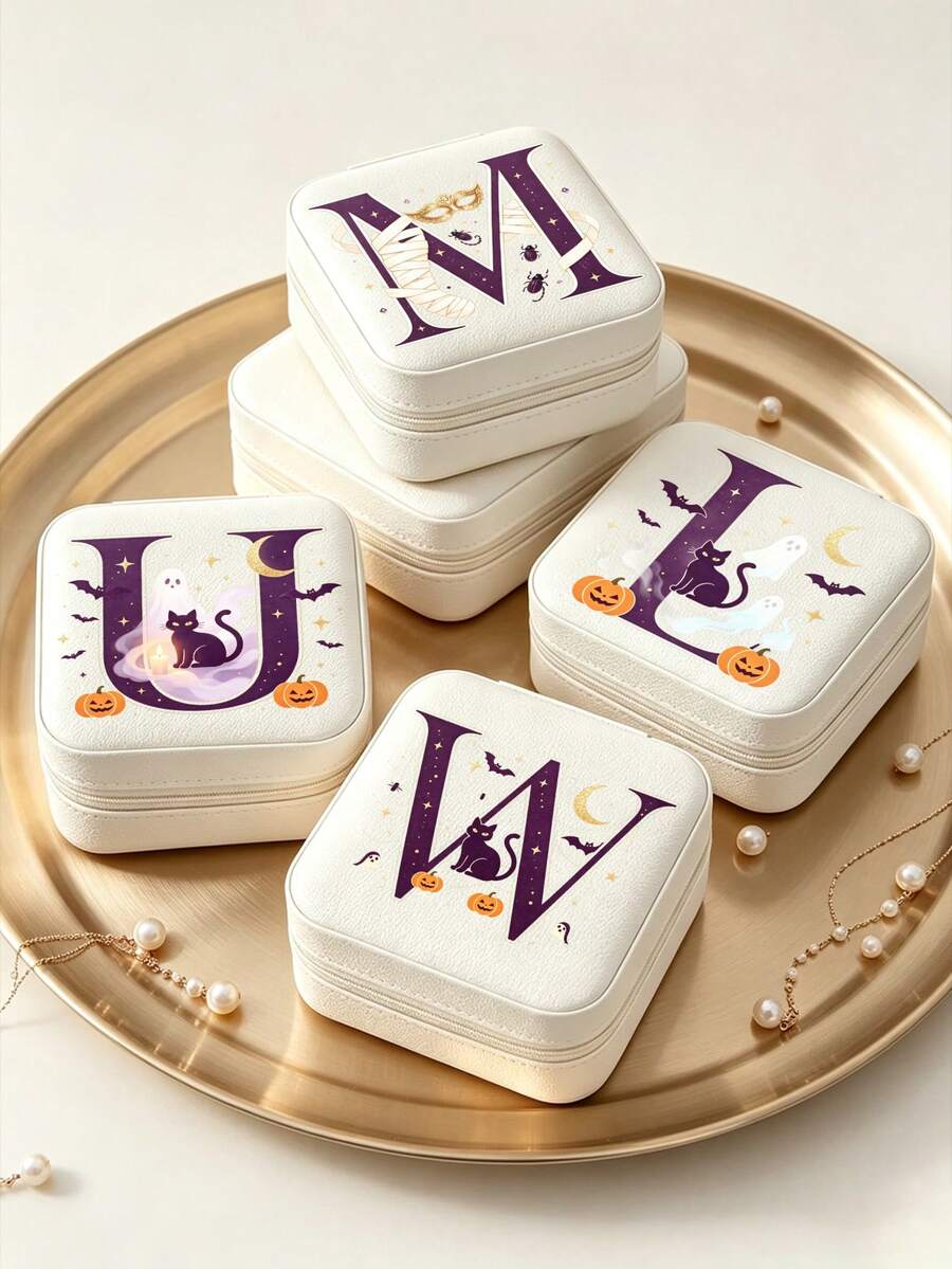 Halloween Theme Black Cat Pumpkin Ghost Bat Initial Print Square Mini Jewelry Box, Delicate PU Leather With Zipper Multi-Compartment Structure, Can Classify And Store Earrings, Ear Studs, Rings, Necklaces And Bracelets, Compact And Lightweight For Easy Carrying, Durable And Practical Jewelry Storage Box, Suitable For Halloween Party, Autumn Outing, Birthday Party, Holiday Gift Exchange And Various Gifting Occasions - White - View 1