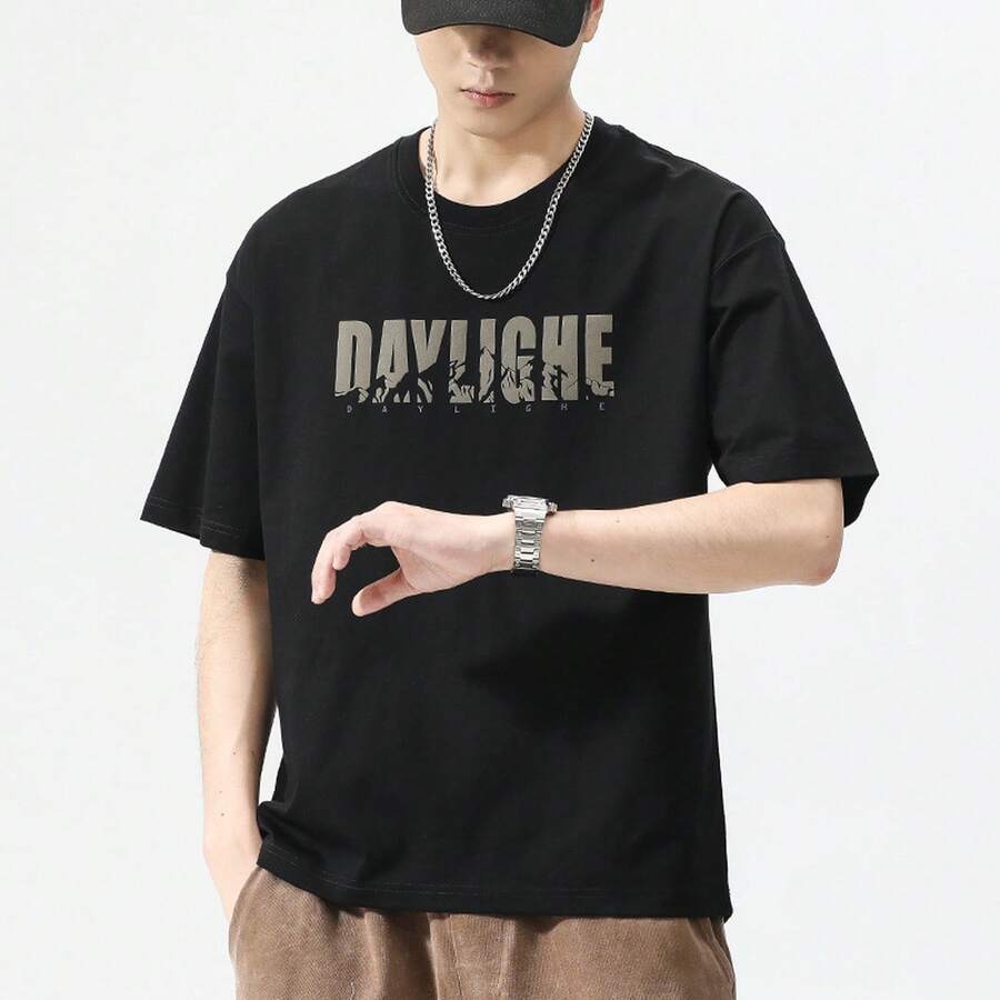 Men's Crew Neck Printed T-Shirt Summer New Fashion Short Sleeve Top - 黑色 - 查看 1