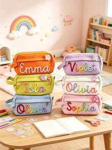 Custom Name Corduroy Pencil Case Striped Pencil Box Large Capacity Handmade Pencil Bag Pink Pencil Box - Multicolor - View 2