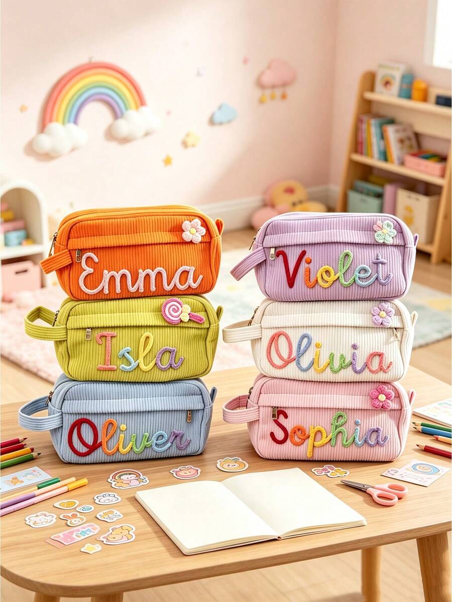 Custom Name Corduroy Pencil Case Striped Pencil Box Large Capacity Handmade Pencil Bag Pink Pencil Box